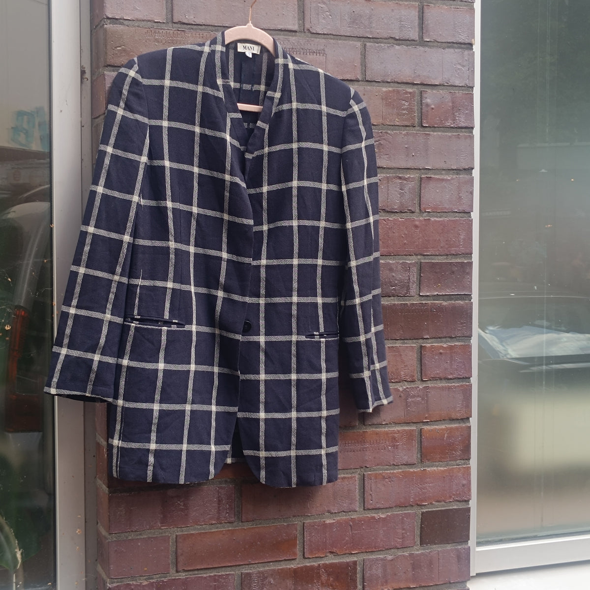 Vintage 80s Navy Plaid Blazer | Oversized Boxy Windowpane Jacket