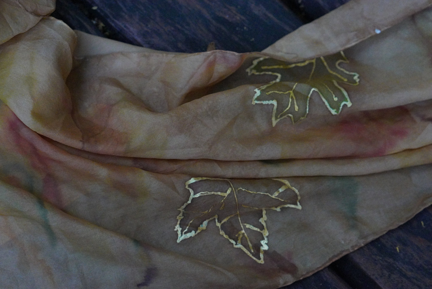 Vintage Silk Scarf Hand Painted Earthy Autumn Maple Leaf Silk Neck Scarf Brown 90s