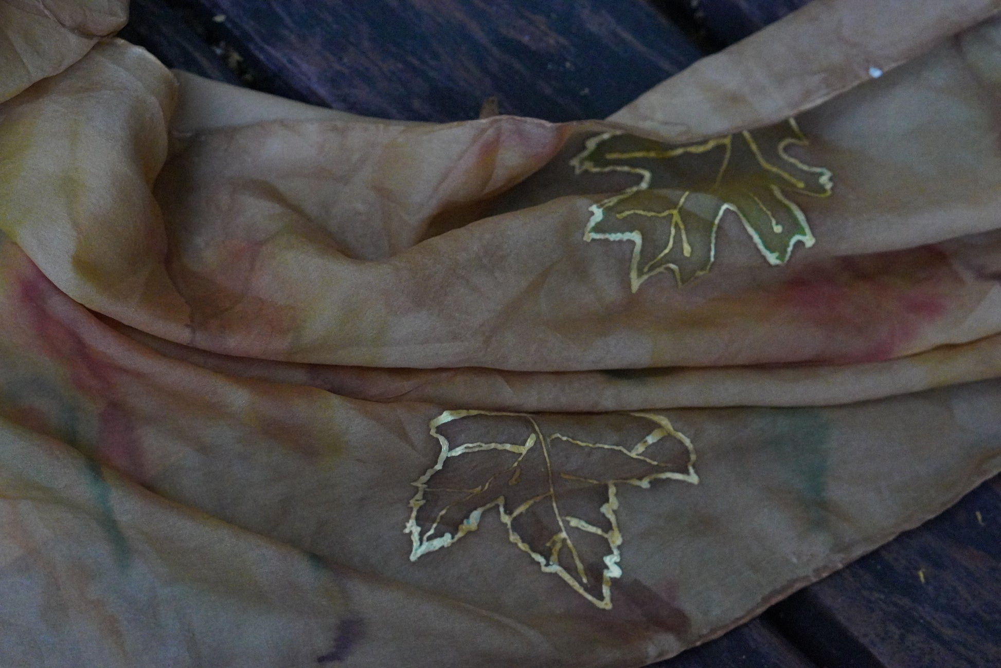 Vintage Silk Scarf Hand Painted Earthy Autumn Maple Leaf Silk Neck Scarf Brown 90s