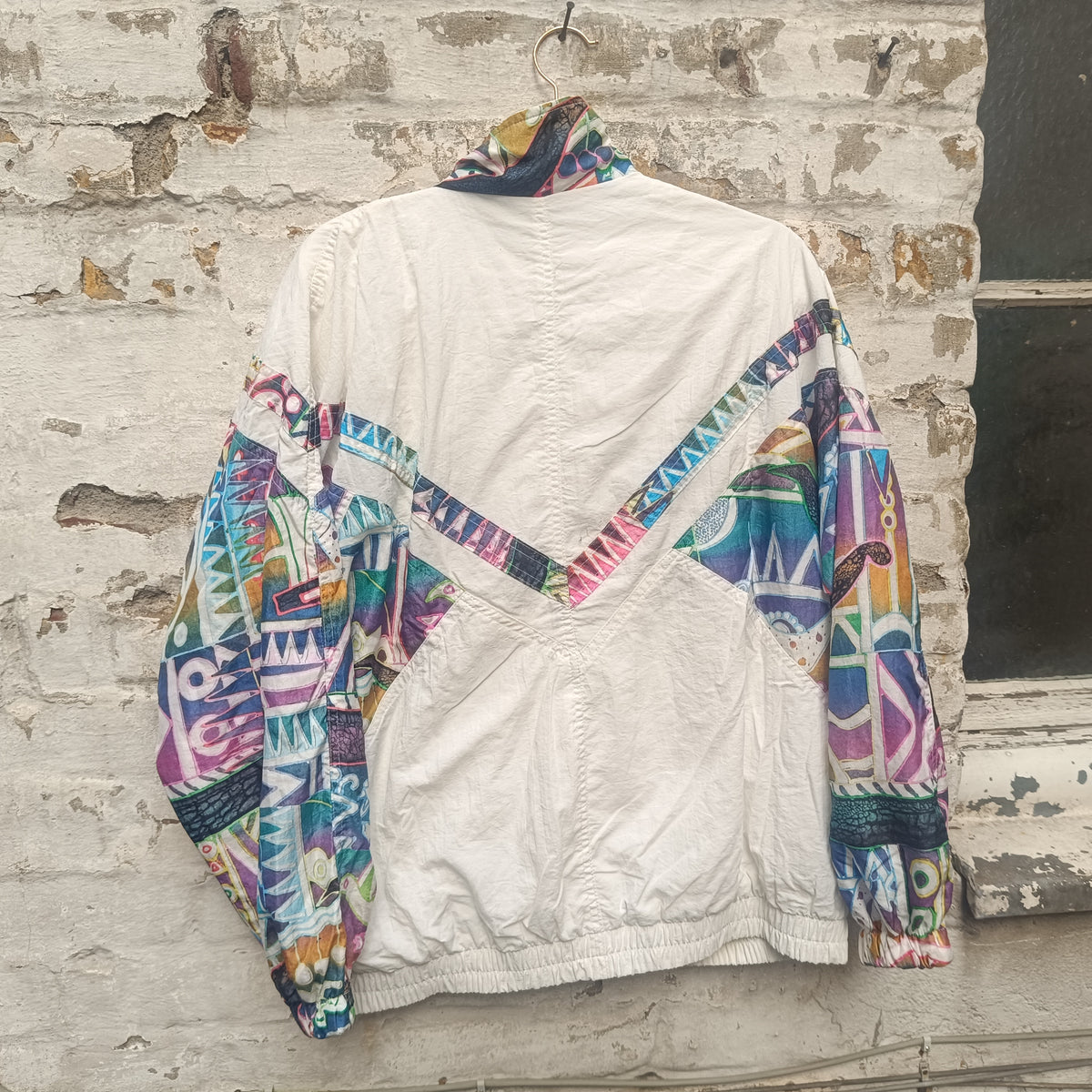 80s Vintage Track Jacket - Abstract Pattern White Windbreaker | M/L