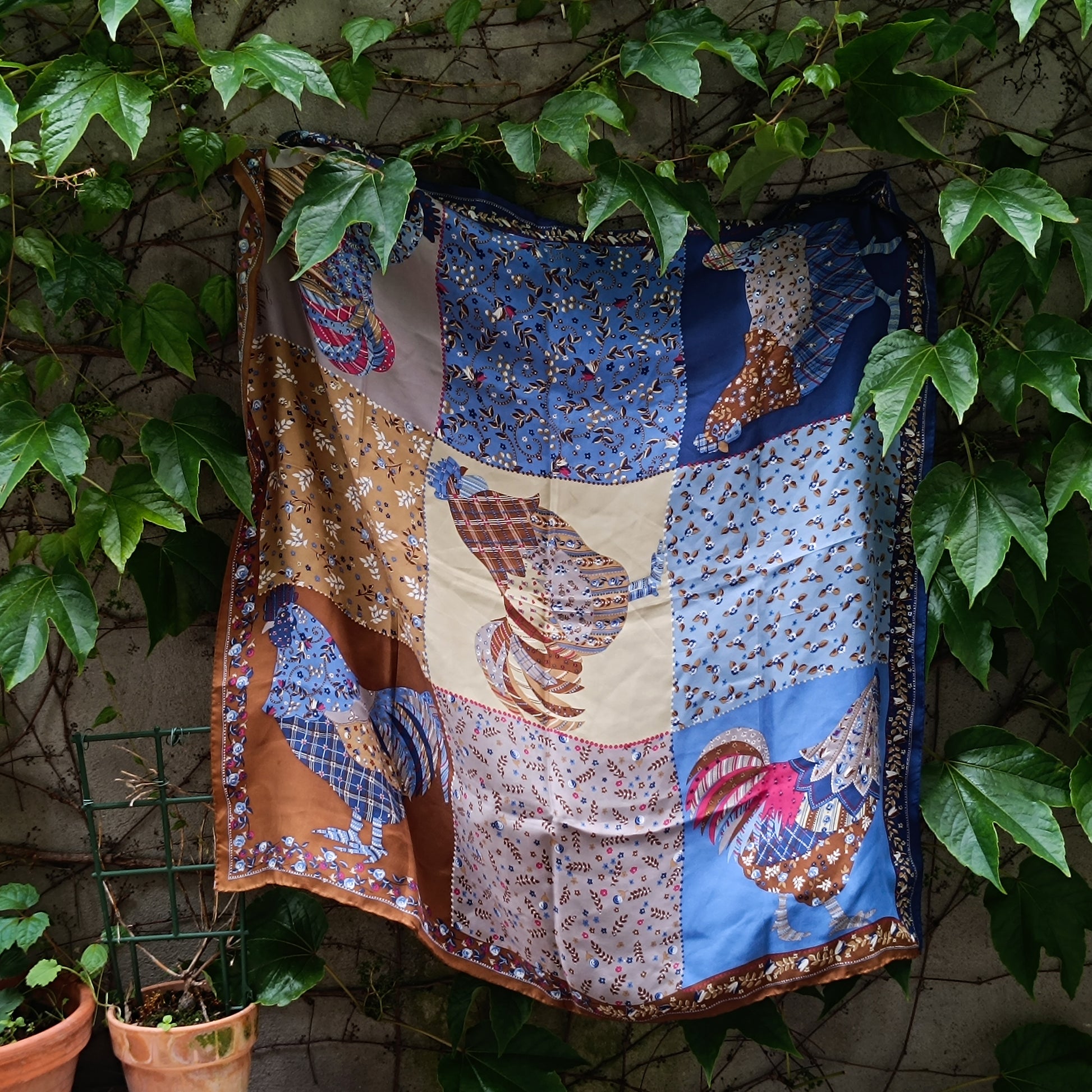 Vintage Christian Fischbacher Silk Scarf Handprinted Rooster Folk Art Shawl