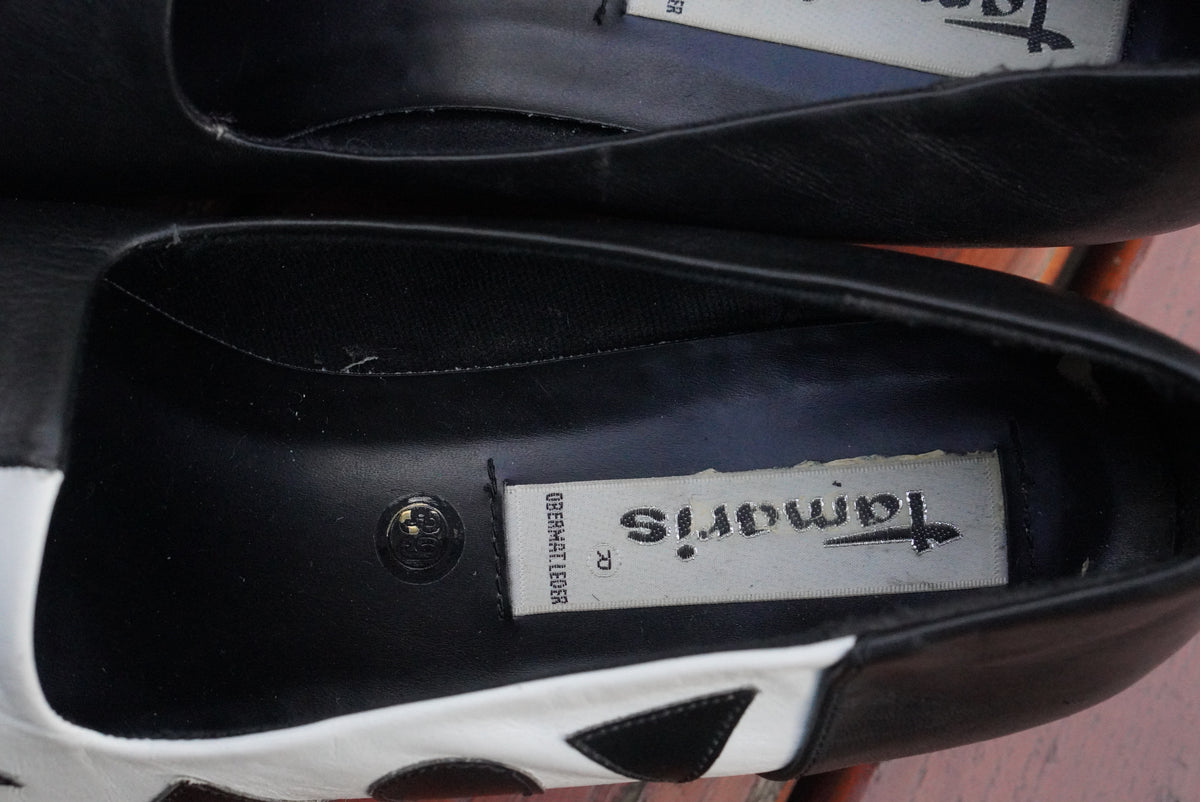 Vintage Leather Loafers | 80s Geometric Graphic Pumps | Black White EU 39