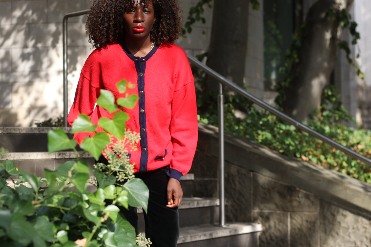 Wool Cardigan Vintage 80s Red Navy | Mackinnon Scotland Knit Sweater | L
