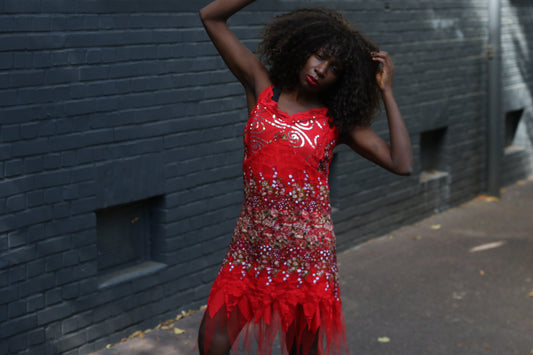 Red Floral Slip Dress | Y2K Whimsigoth Sequined Mini S-M