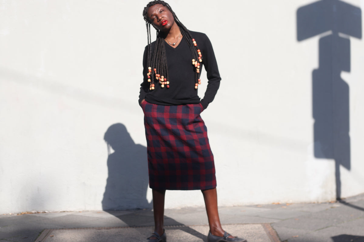 Vintage Plaid Wool Pencil Skirt | 90s Red Navy Midi Skirt XS to S