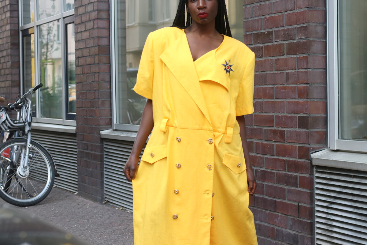 Vintage 80s Yellow Trench Dress | Short Sleeve Midi Shirtdress L to XL