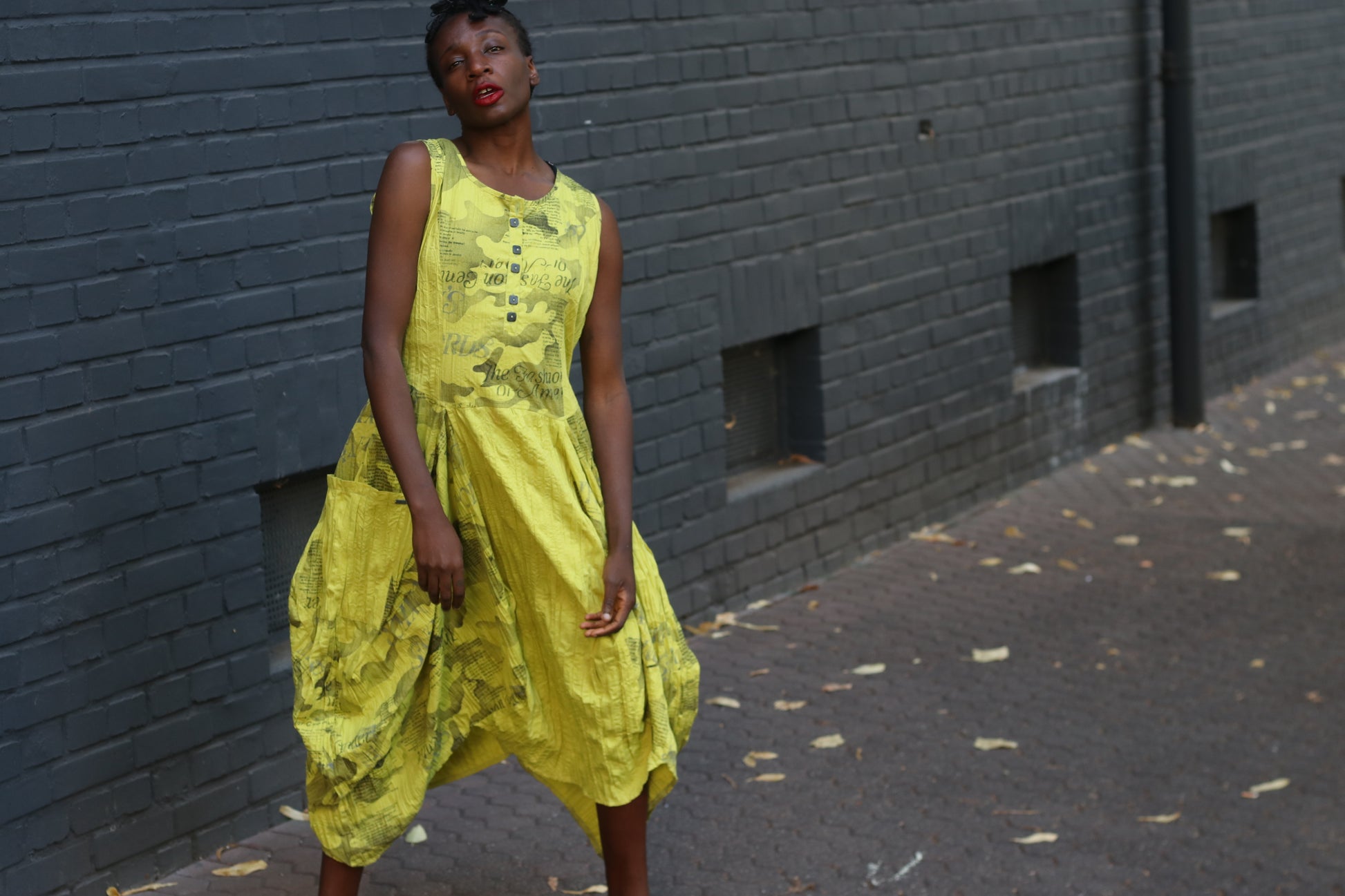 Yellow Avant-Garde Newspaper Dress - 90s Printed Balloon Midi - M/L