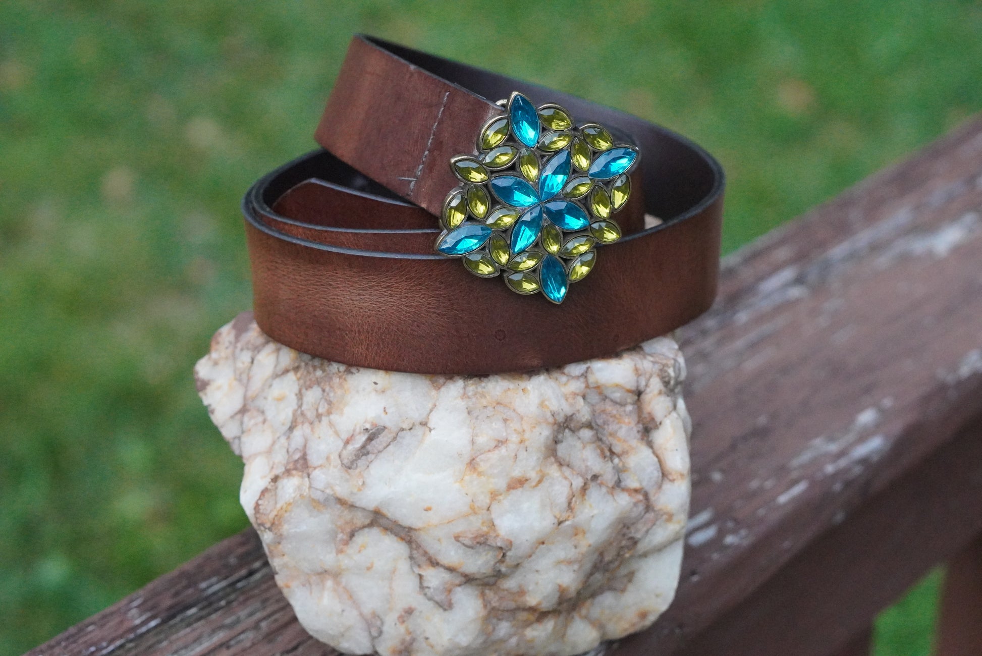 Vintage Y2K Italian Leather Belt - Blue Green Rhinestone Buckle Boho