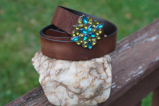 Vintage Y2K Italian Leather Belt - Blue Green Rhinestone Buckle Boho