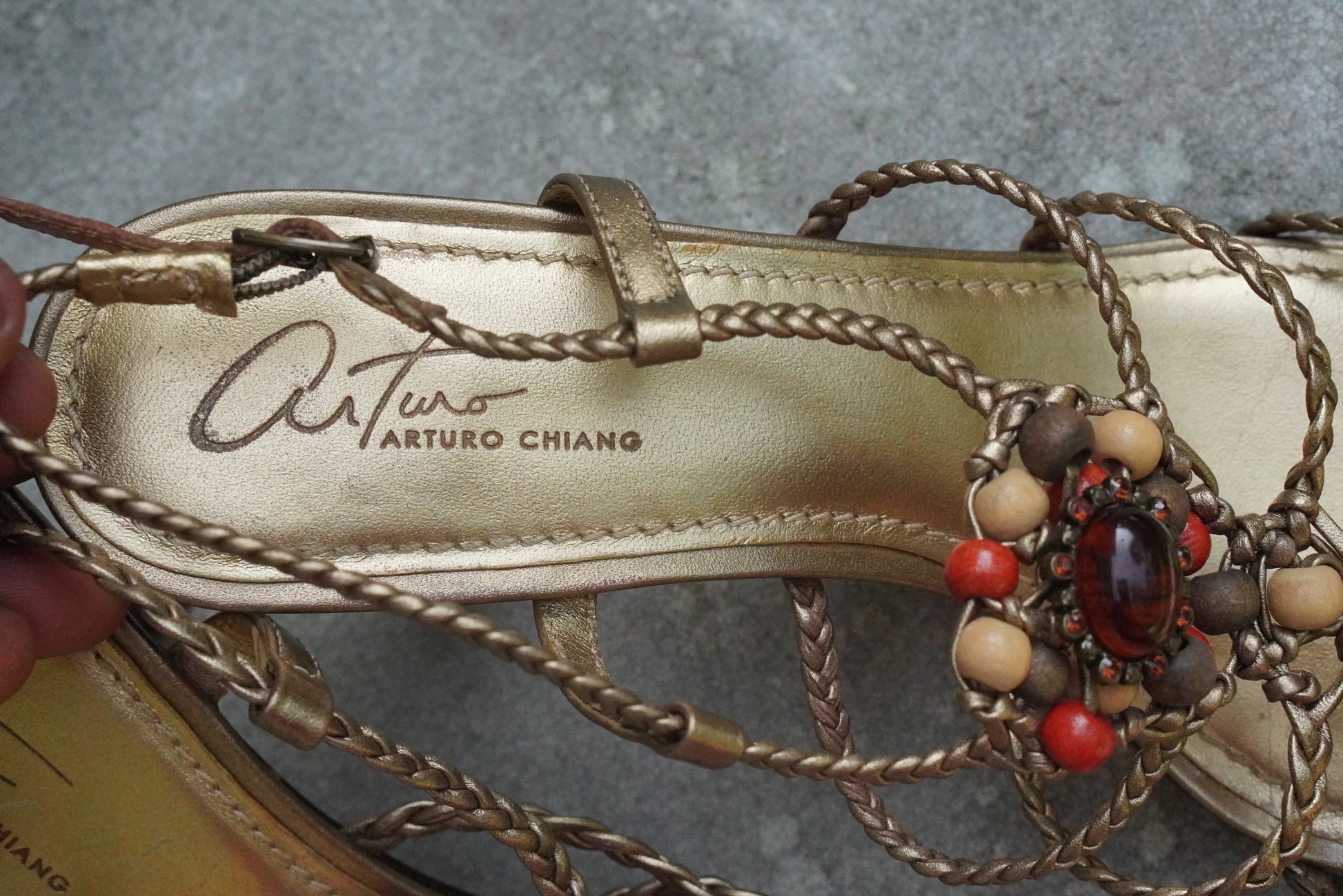 Arturo Chiang Vintage Y2K Gold Leather Beaded Heeled Sandals - Size US 7.5