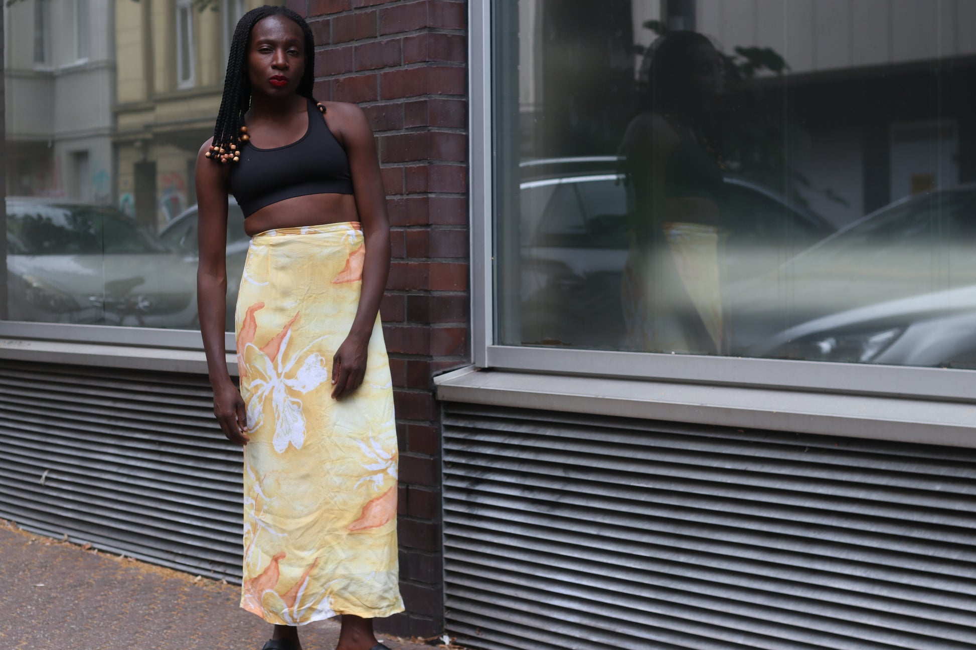 Vintage 90s Yellow Floral Maxi Skirt - Retro Floral Silk Slip Skirt