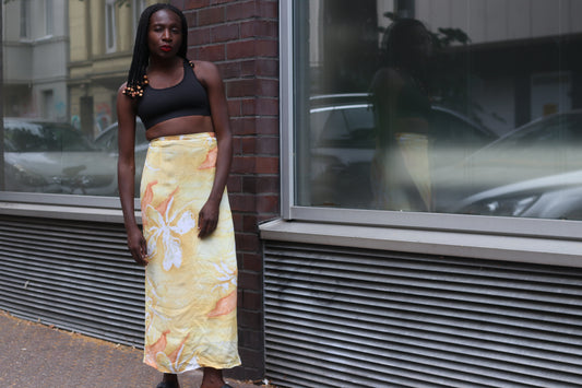 Vintage 90s Yellow Floral Maxi Skirt - Retro Floral Silk Slip Skirt