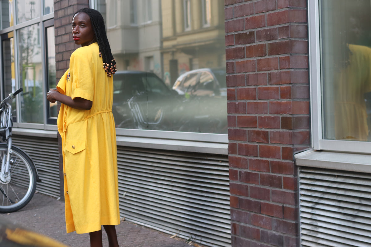 Vintage 80s Yellow Trench Dress | Short Sleeve Midi Shirtdress L to XL