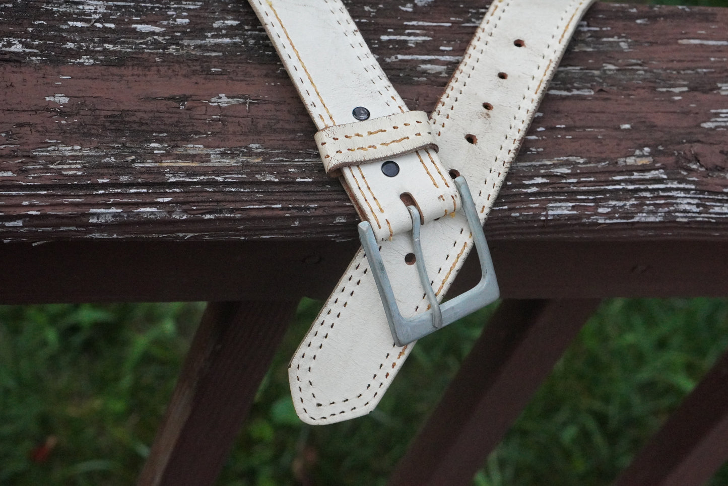 Vintage White Leather Belt - 70s Top Grain Bridle Stitch Belt - Medium