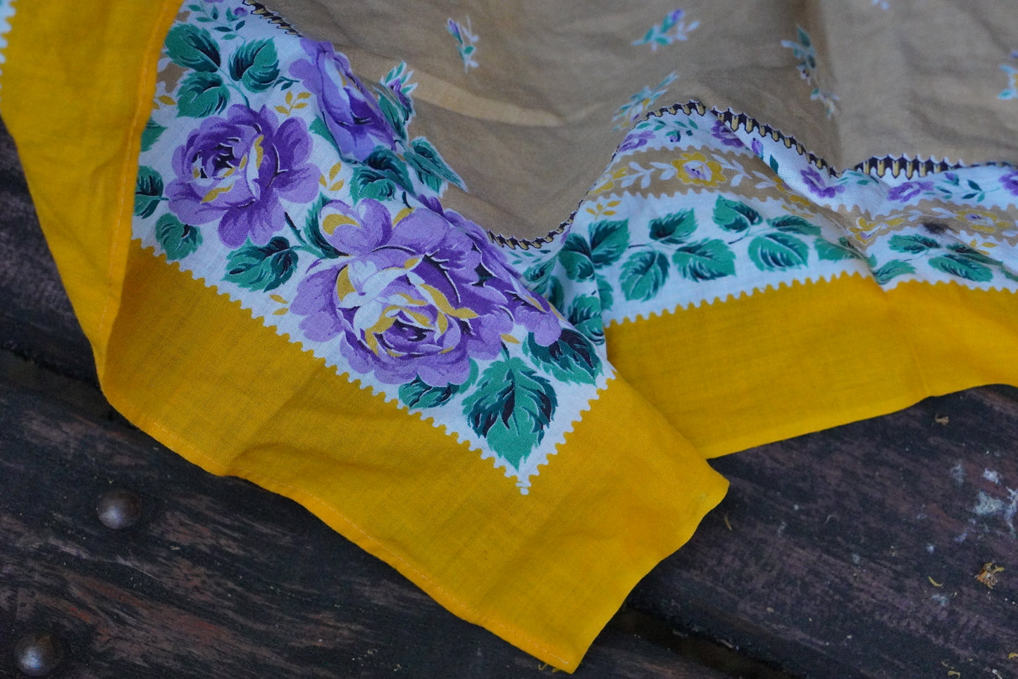 Vintage Floral Scarf Yellow Purple Rose Babushka Headscarf Cotton Square Bandana