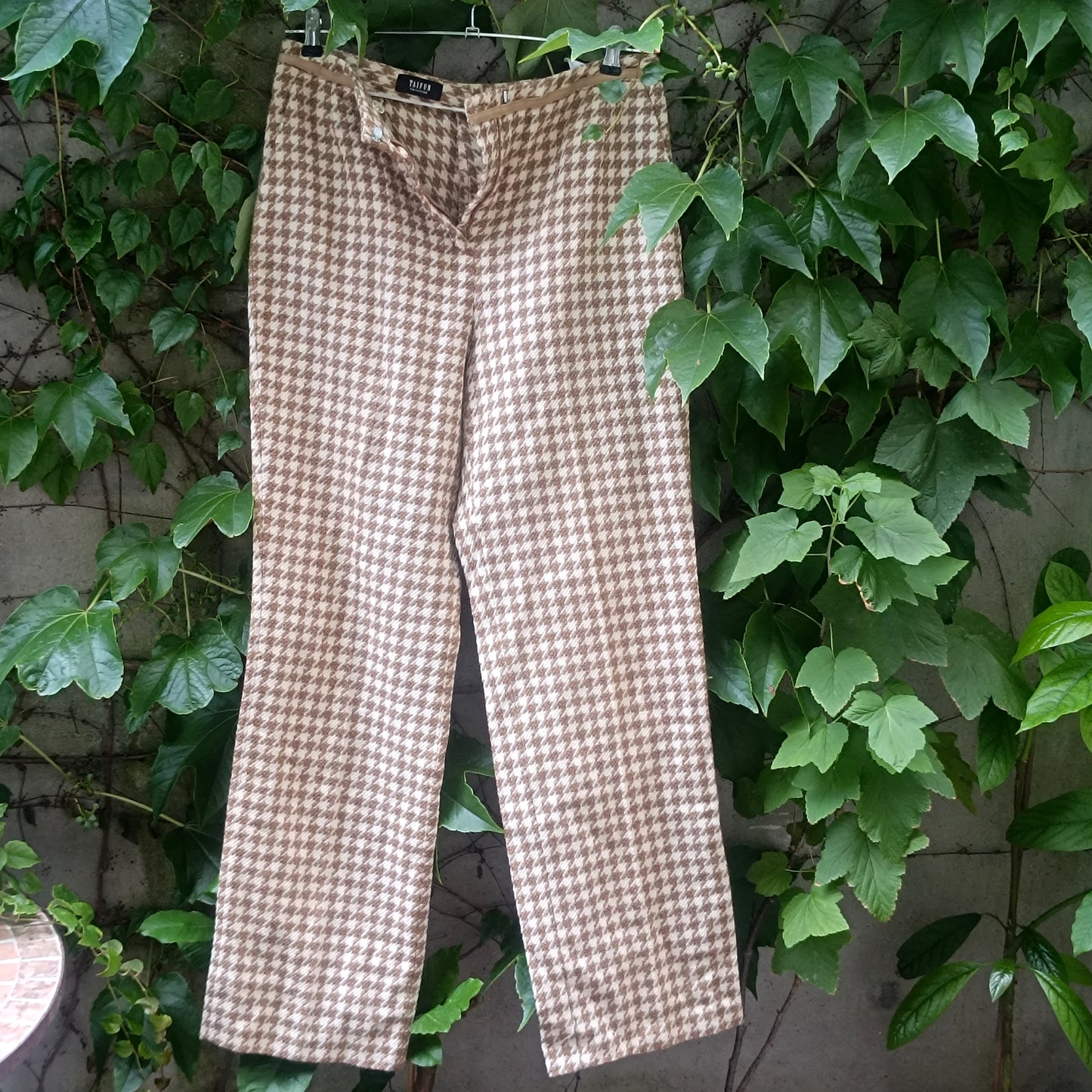 Vintage Houndstooth Virgin Wool Trousers - 90s Beige Taifun Pants M