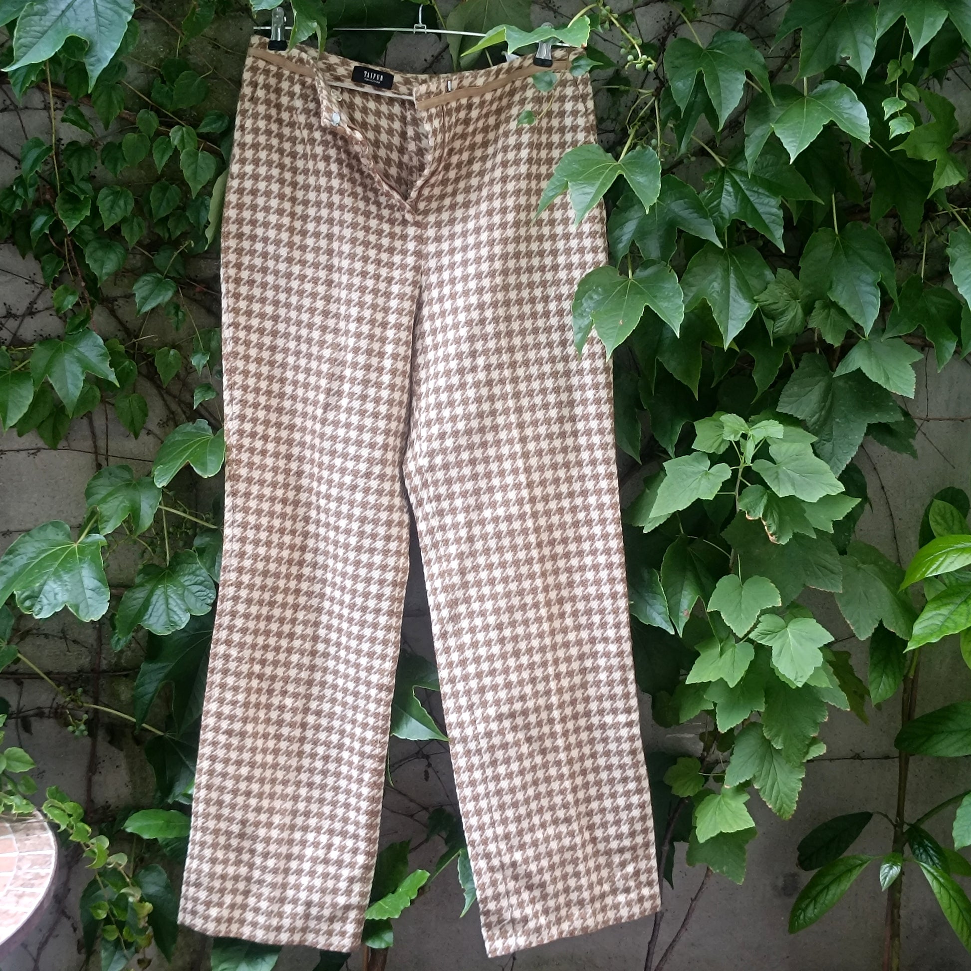 Vintage Houndstooth Virgin Wool Trousers - 90s Beige Taifun Pants M