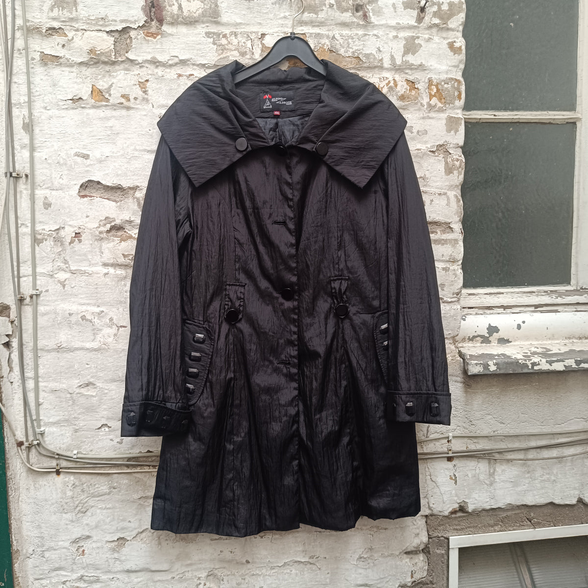 Vintage Black Statement Coat - Avant Garde Gem Cuffed Jacket - L