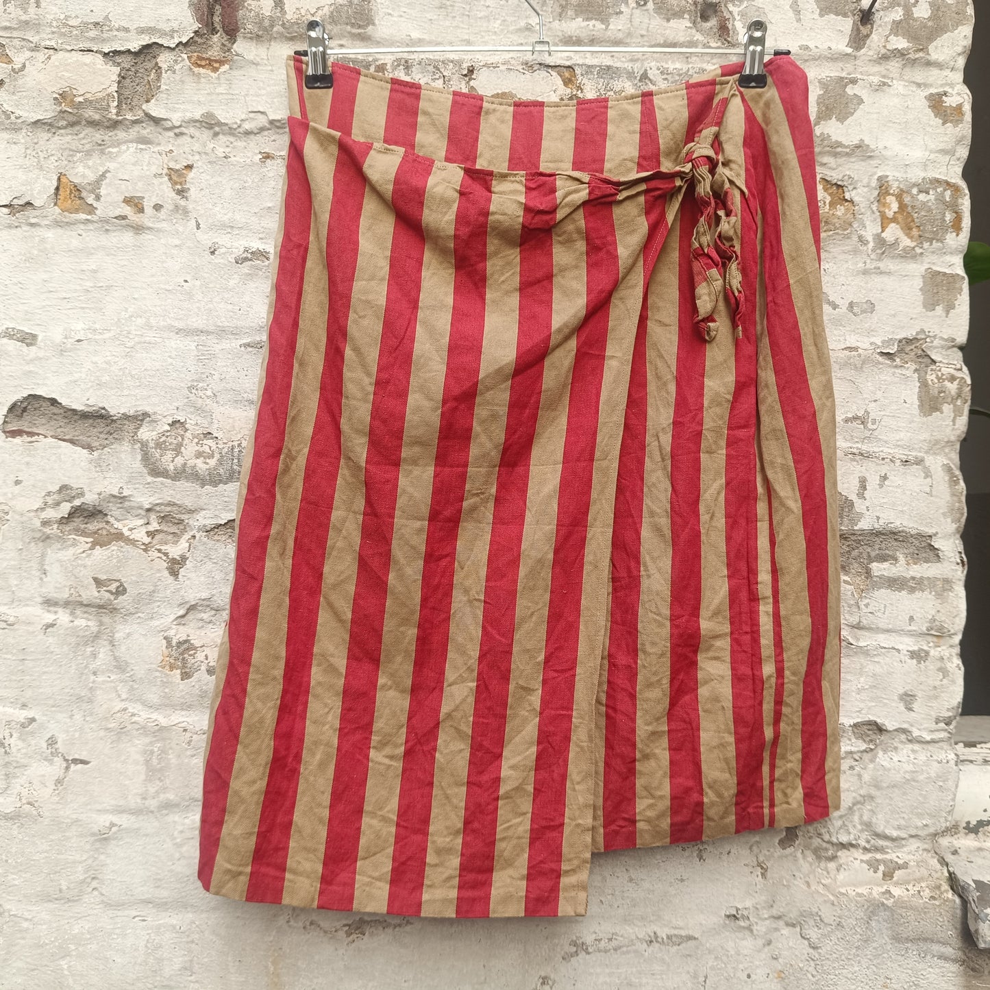 Striped Faux Wrap Skirt | Vintage 90s Red Beige | Size L EU 44