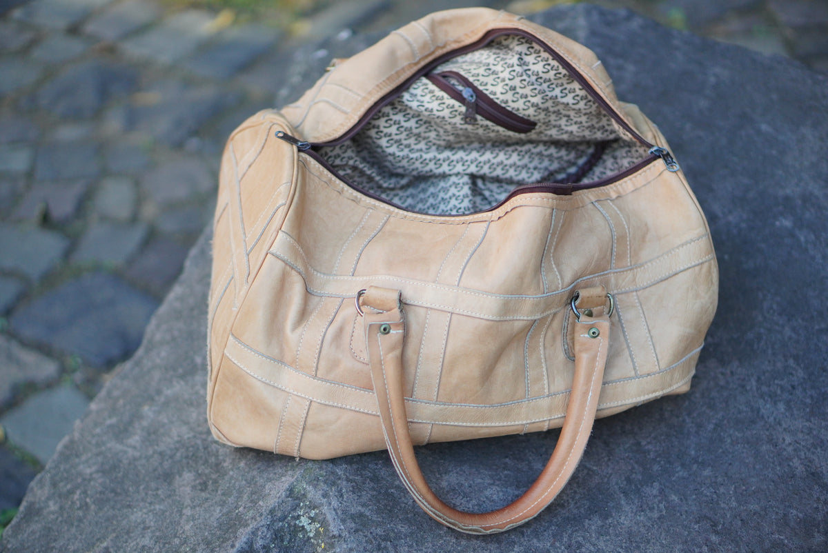 Vintage Patchwork Leather Duffle Bag - 1970s Tan Travel Holdall