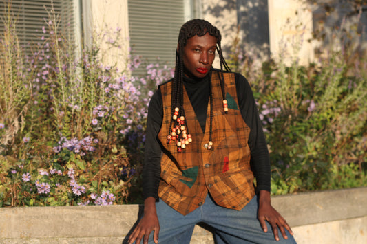 Leather Patchwork Vest - 90s Vintage Plaid Waistcoat Brown - Size M/L