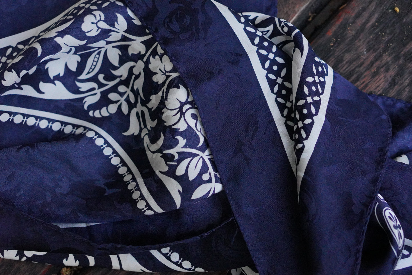 Vintage Italy Silk Scarf Blue White Baroque Medallion Head Neck Square Wrap Bandana