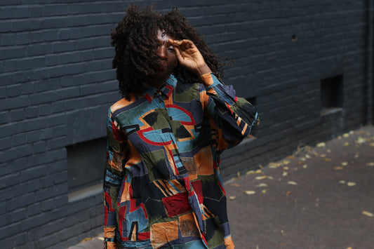 Vintage Abstract Print Unisex Shirt | 80s Colorful Art Blouse - M/L
