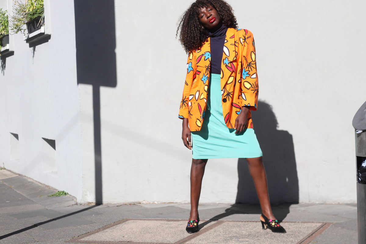 Vintage 80s Abstract Print Blazer | Orange Cotton Art Jacket M/L