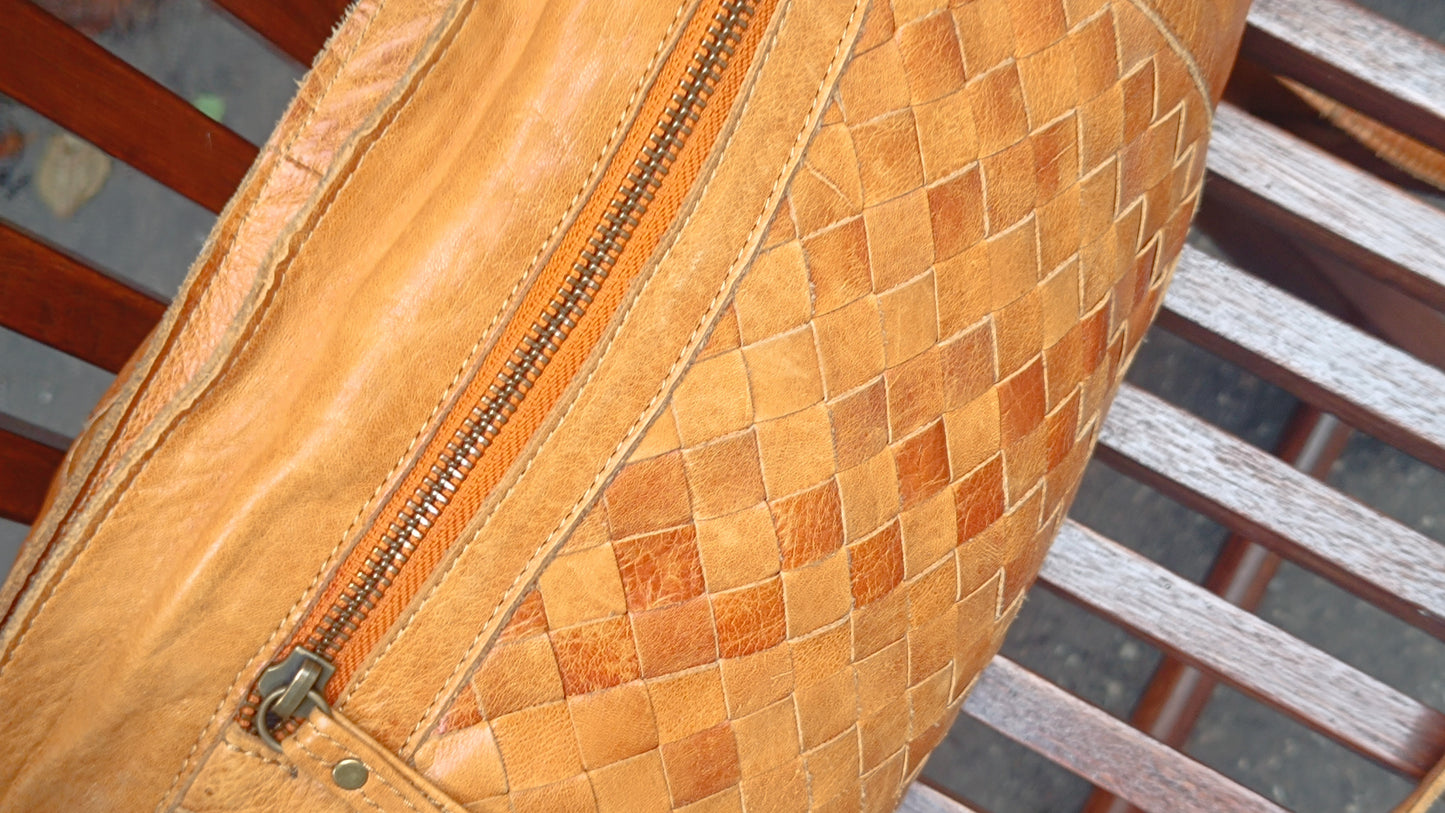 COX Vintage Tan Leather Crossbody Bag Woven Boho Shoulder Purse