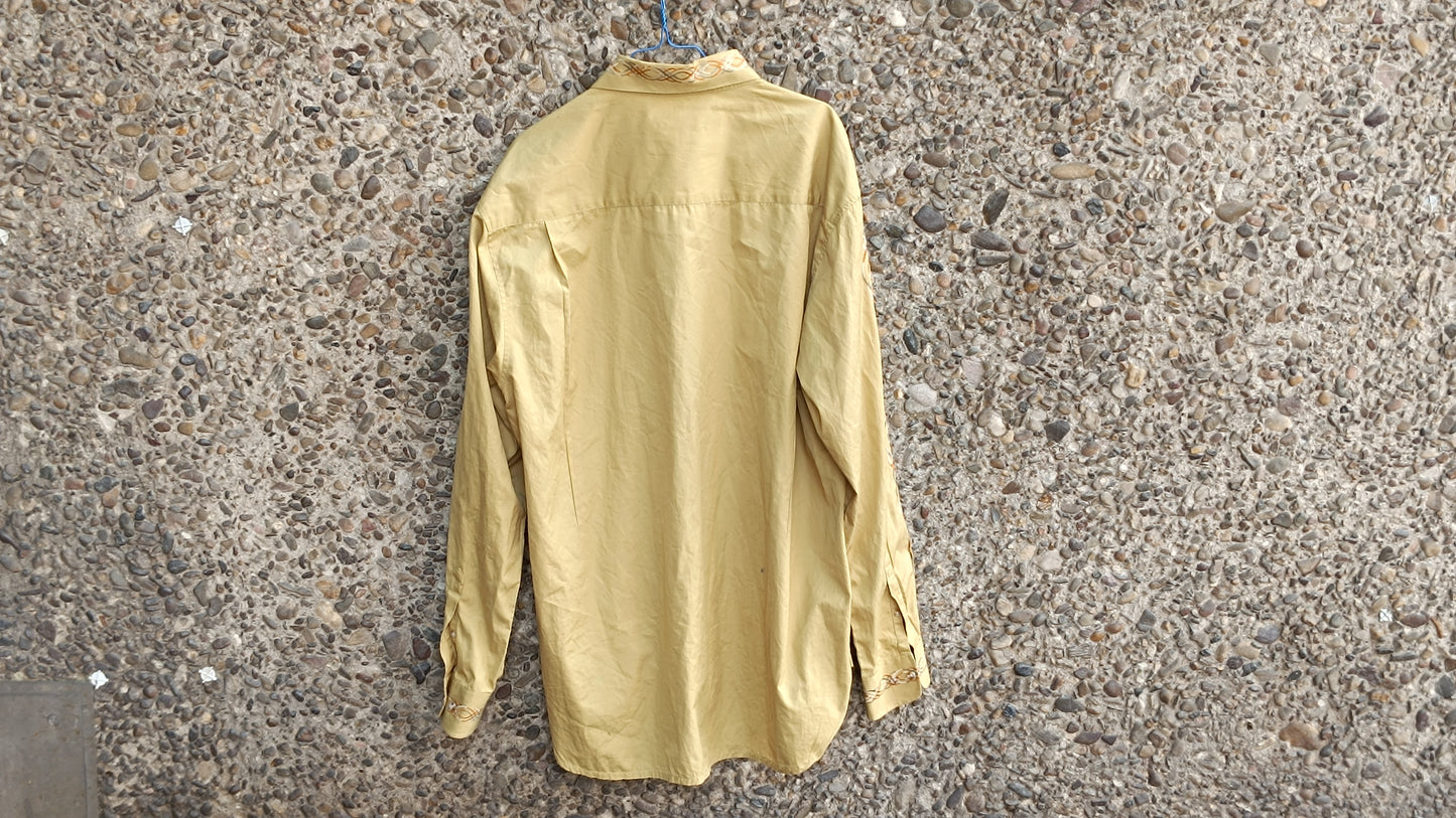 Vintage Road Cotton Embroidered Shirt - 90s Mustard Guayabera - M- XL Unisex