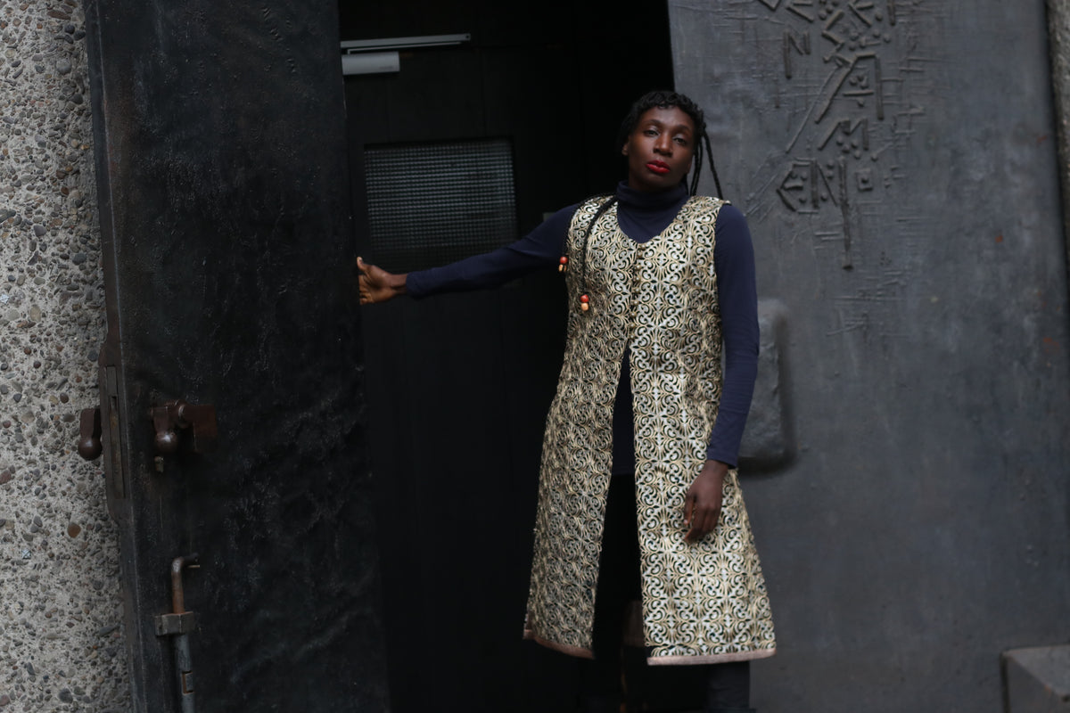 Vintage Gold Embroidery Vest Coat - 90s Metallic Brocade Long Waistcoat | M