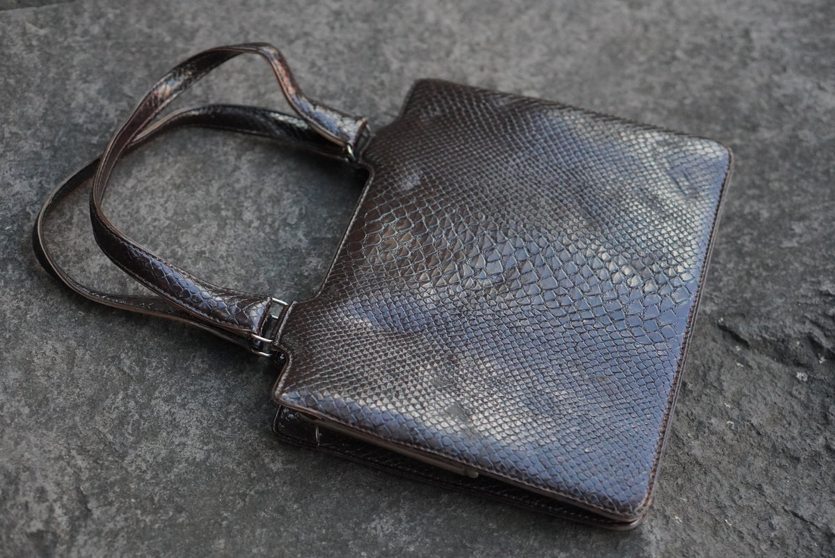 Vintage 1960s Faux Snakeskin Handbag - Dark Brown Top Handle Purse