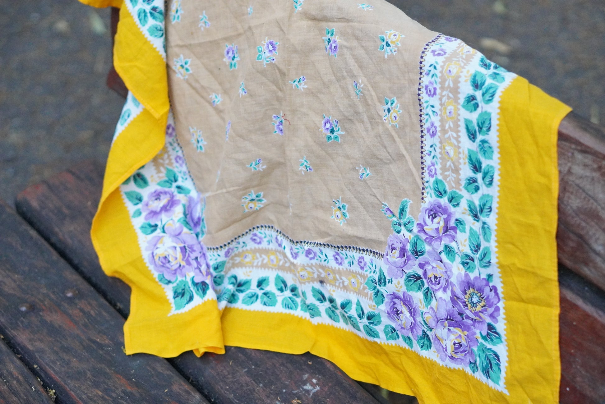Vintage Floral Scarf Yellow Purple Rose Babushka Headscarf Cotton Square Bandana