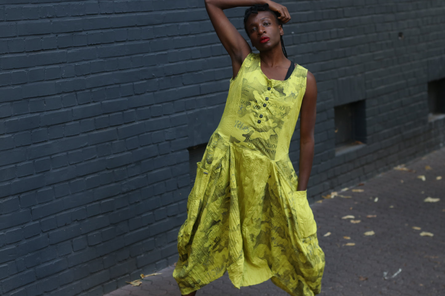 Yellow Avant-Garde Newspaper Dress - 90s Printed Balloon Midi - M/L