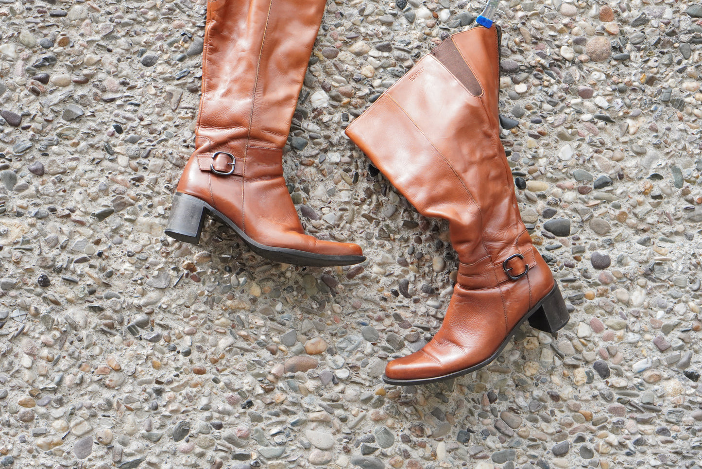 Vintage Esprit 90s Cognac Leather Knee High Boots Block Heel Almond Toe Size 38
