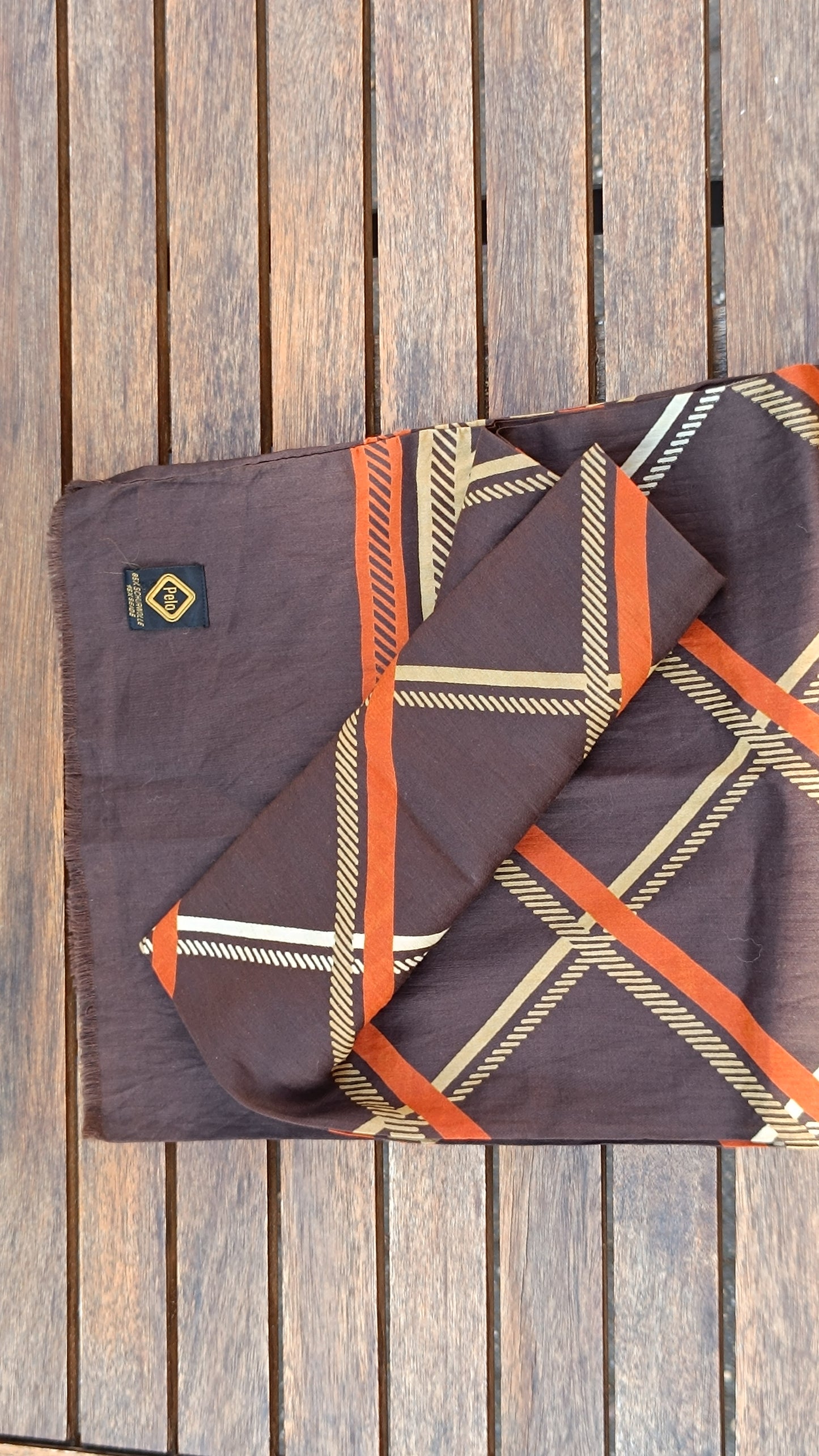 Pelo Vintage 70s Wool Silk Geometric Scarf - Brown Orange Plaid Wrap