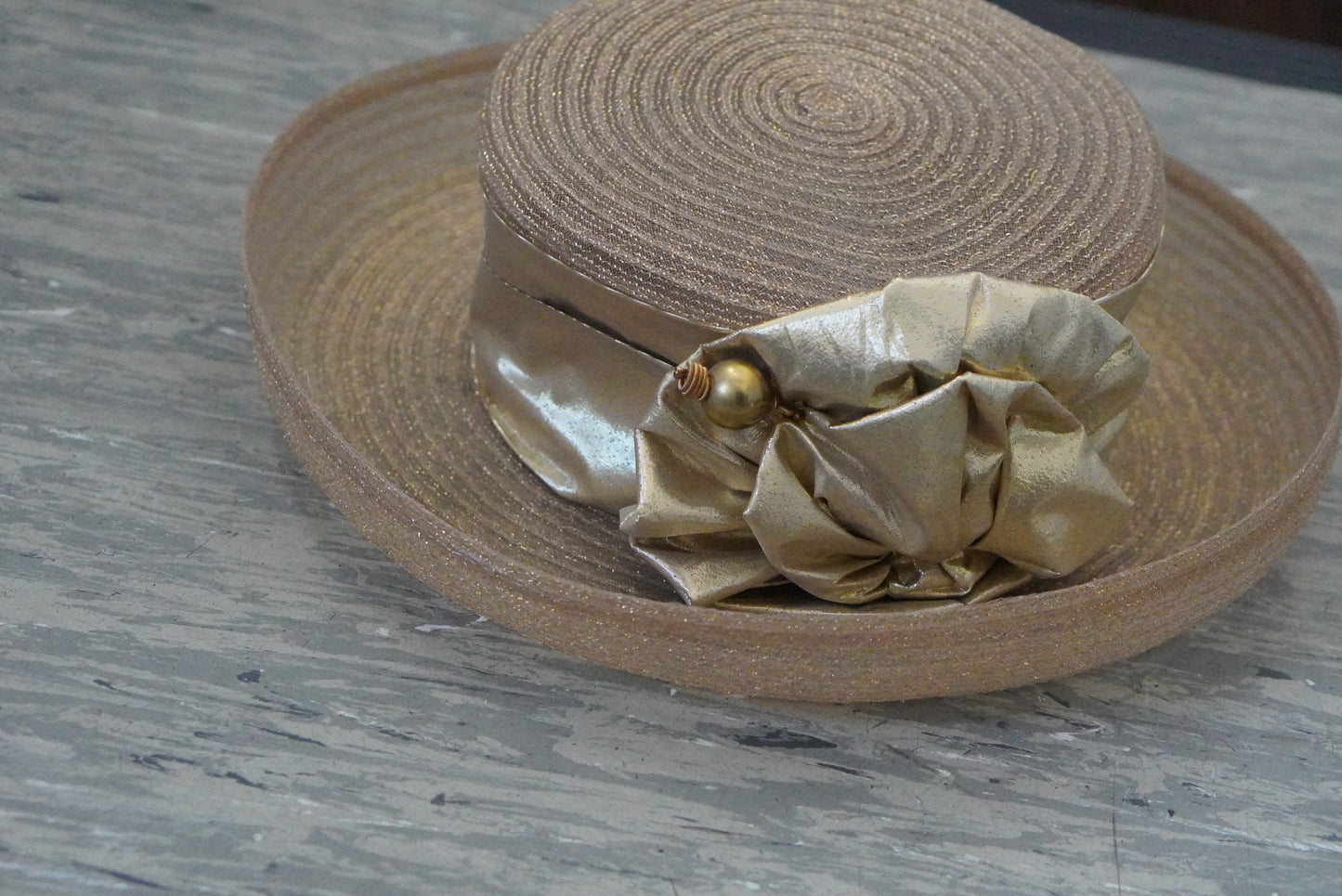 Gold Wide Brim Hat | 1980s Vintage Metallic Formal Fascinator