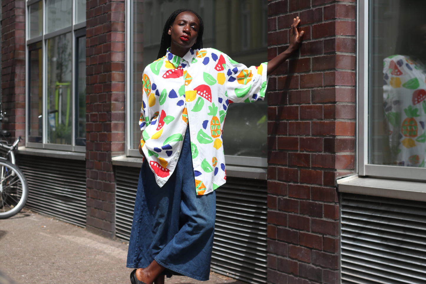 Vintage 1980s Abstract Fruit Print Button Up Shirt Oversized Pop Art Blouse L XL