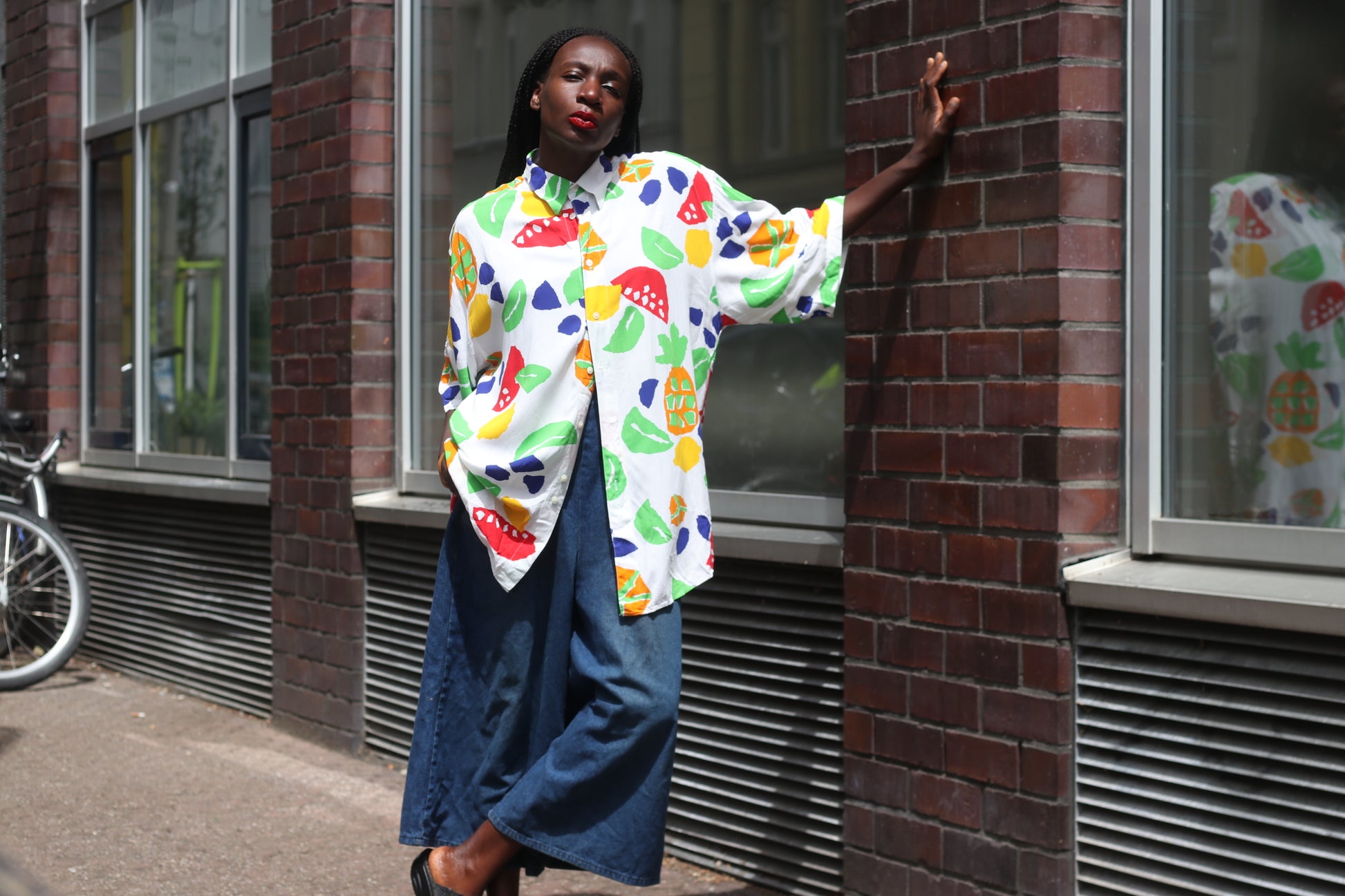 Vintage 1980s Abstract Fruit Print Button Up Shirt Oversized Pop Art Blouse L XL