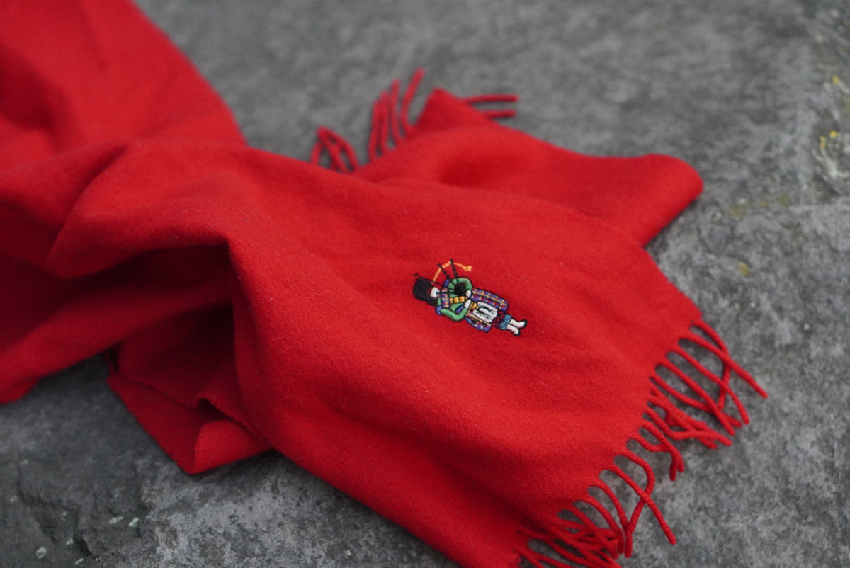 Red Wool Scarf - Vintage 80s Embroidered Bagpiper Fringed Scarf | One Size