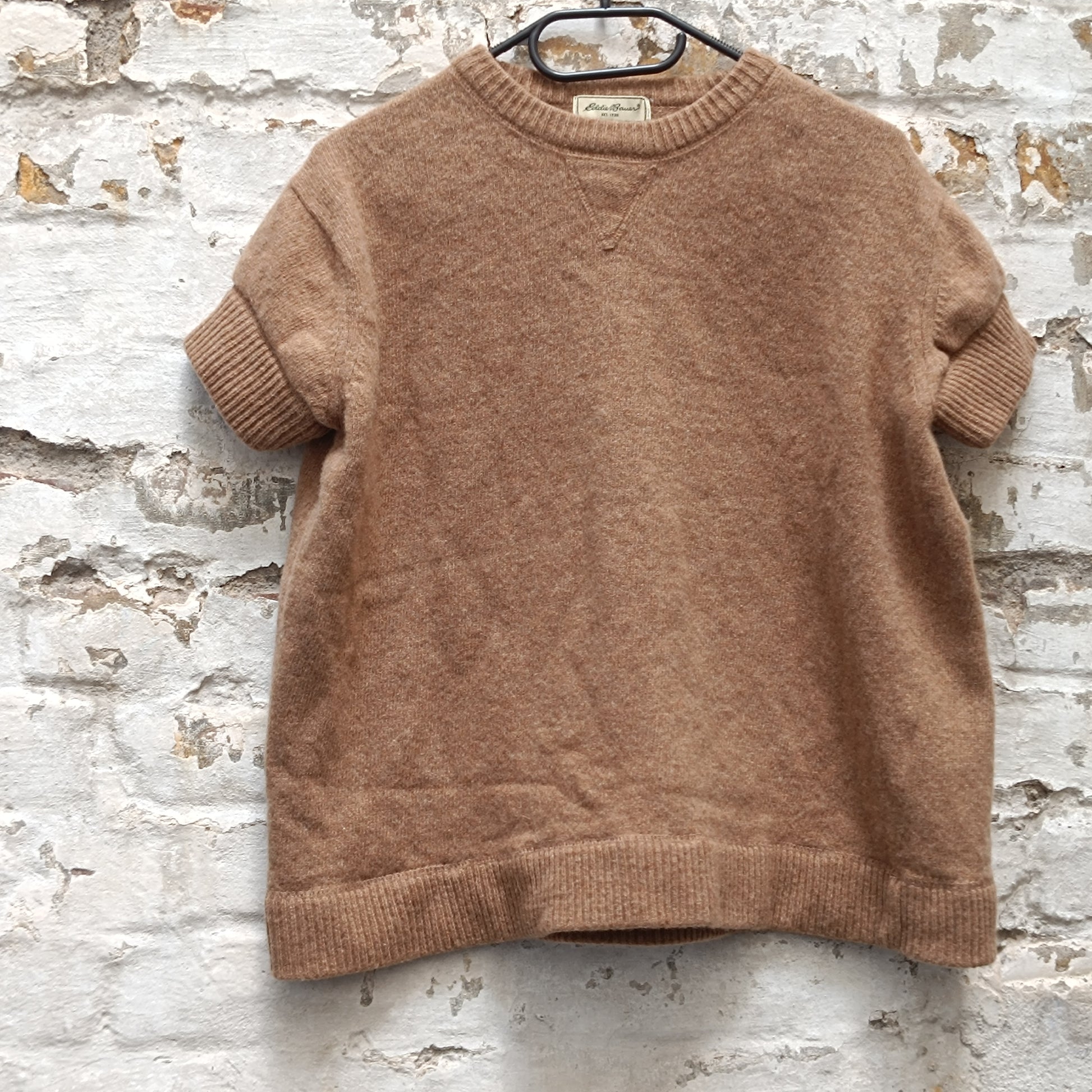 Eddie Bauer Vintage 100 Wool Short Sleeve Knit Sweater Beige Tan