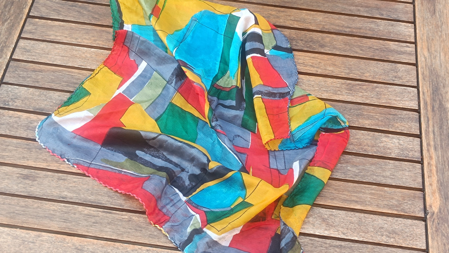 Vintage 80s Geometric Abstract Silk Neck Scarf