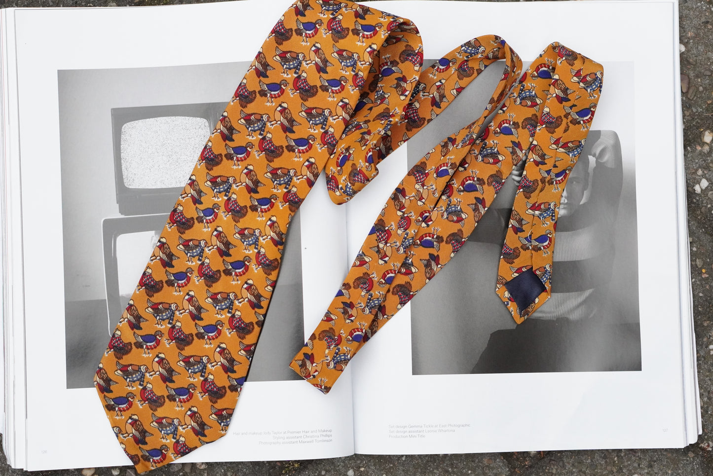 Vintage Mustard Yellow Silk Tie Italian Novelty Bird Print 1990s Mens Necktie