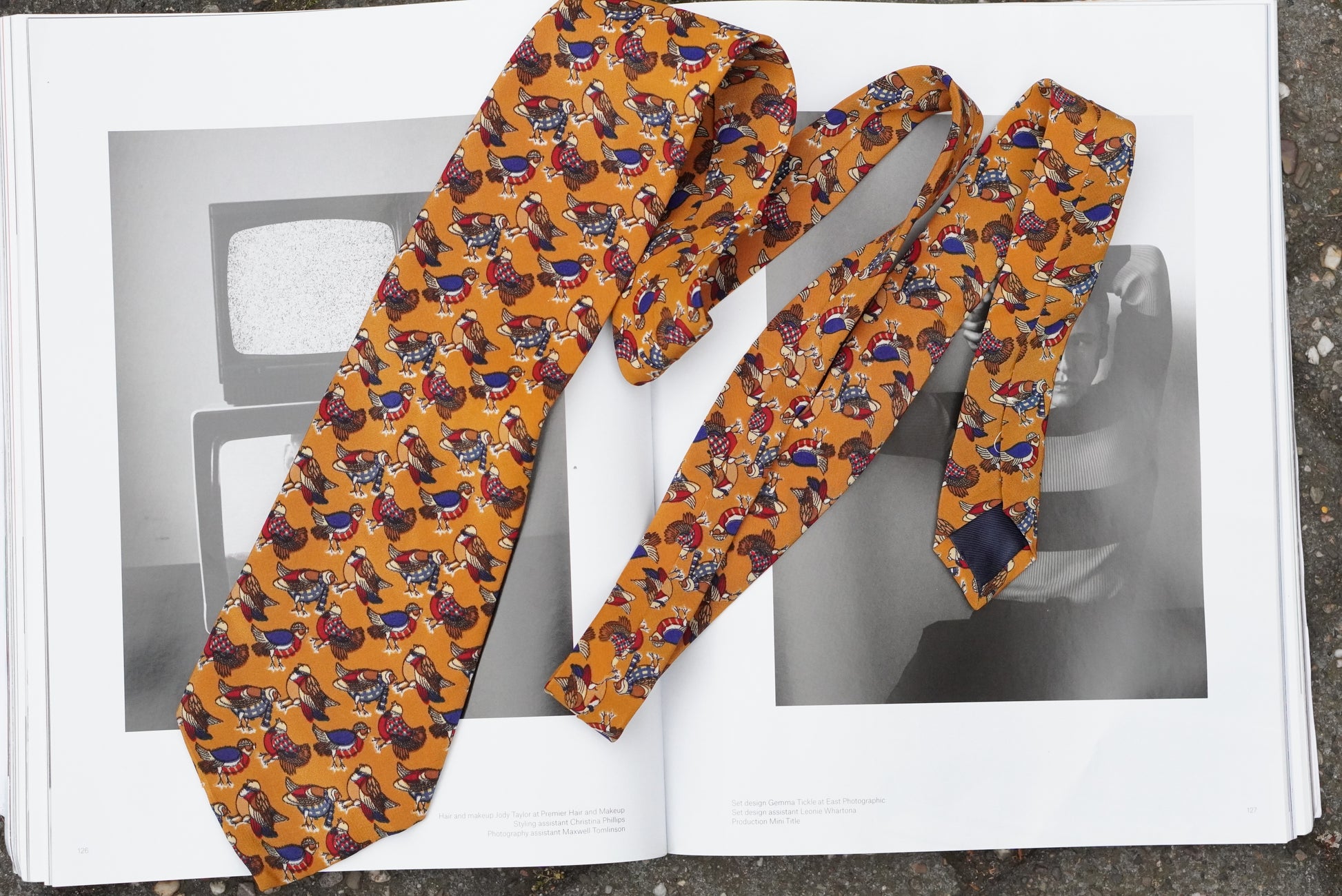Vintage Mustard Yellow Silk Tie Italian Novelty Bird Print 1990s Mens Necktie