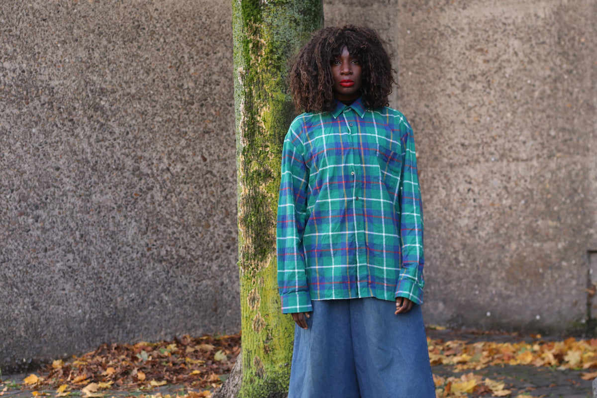 Vintage Plaid Shirt | 90s Green Blue Cotton Button Down | L