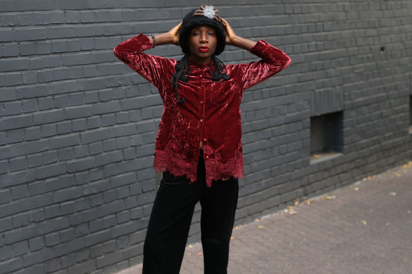  Vintage Gothic Red Velvet Top  | 90s Lace Hem Button Up S