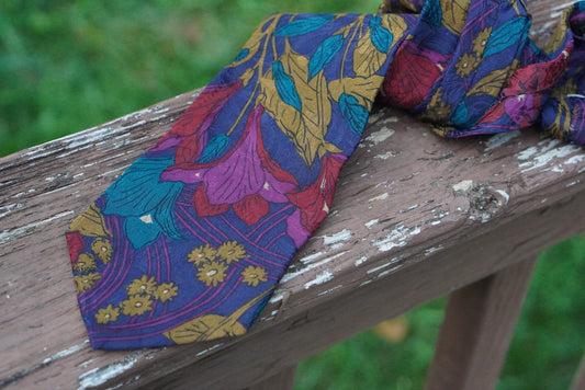Villa Bugatti Vintage 80s Silk Tie - Purple Floral Retro Necktie