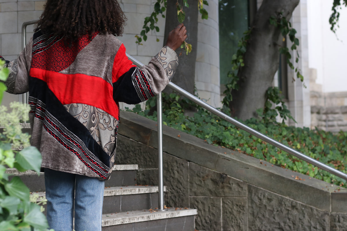 Vintage Patchwork Jacket - Y2K Boho Tapestry Coat Red Black | XXL