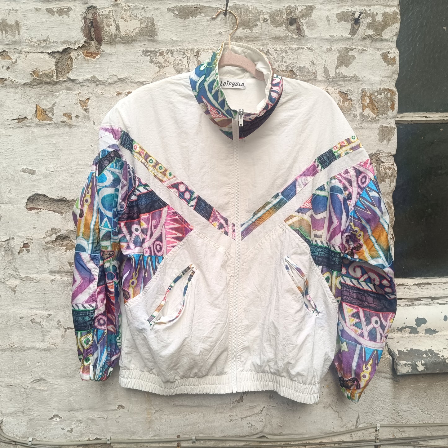 80s Vintage Track Jacket - Abstract Pattern White Windbreaker | M/L