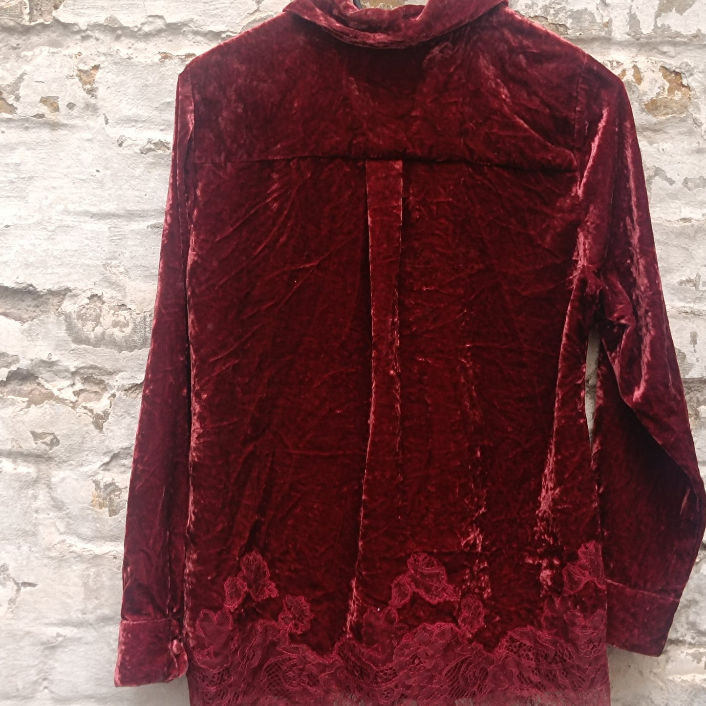  Vintage Gothic Red Velvet Top  | 90s Lace Hem Button Up S